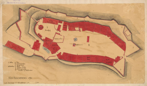 Detailierte Karte von Neu Regensburg, Deutschland, mit Straßen, Gebäuden und Sehenswürdigkeiten mit beschriftetem Text.