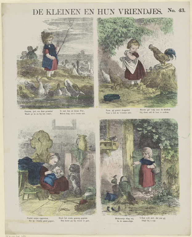 Ein Collage mit einem Papier mit Bildern von Kindern, Vögeln, Bäumen und dekorativem Text neben einem illustrierten Buch, das Kinder beim Spielen im Garten zeigt.