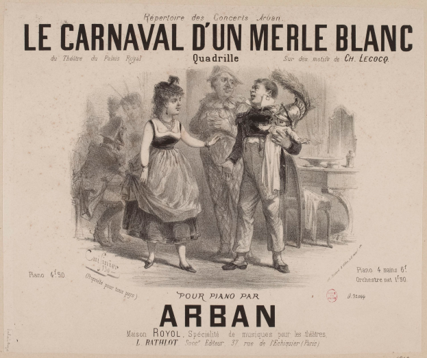 Ein Blatt Papier mit einer Zeichnung eines Mannes und einer Frau in traditioneller Kleidung vor einem Karneval, mit der Aufschrift "le carnaval d'un merle blanc" darauf.