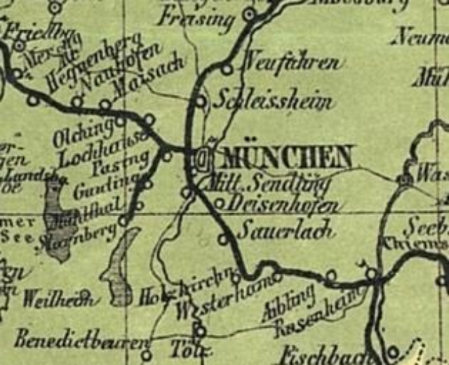 Detailierte alte Karte von München, Deutschland, die Straßen, Gebäude und Sehenswürdigkeiten zeigt, mit zusätzlichem Text über die Einwohnerzahl, Straßen und bekannte Orte.