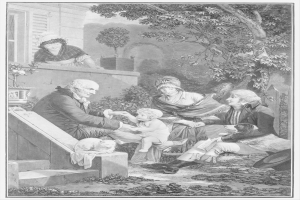 Eine Schwarz-Weiß-Gravur einer Familie, die auf den Stufen eines Hauses sitzt, mit einem Mann, der ein Baby in der Mitte hält, zwei Frauen und einem Kind auf beiden Seiten, einer Treppe, die zum Haus führt, Bäumen und einer Wand im Hintergrund und Text unten.