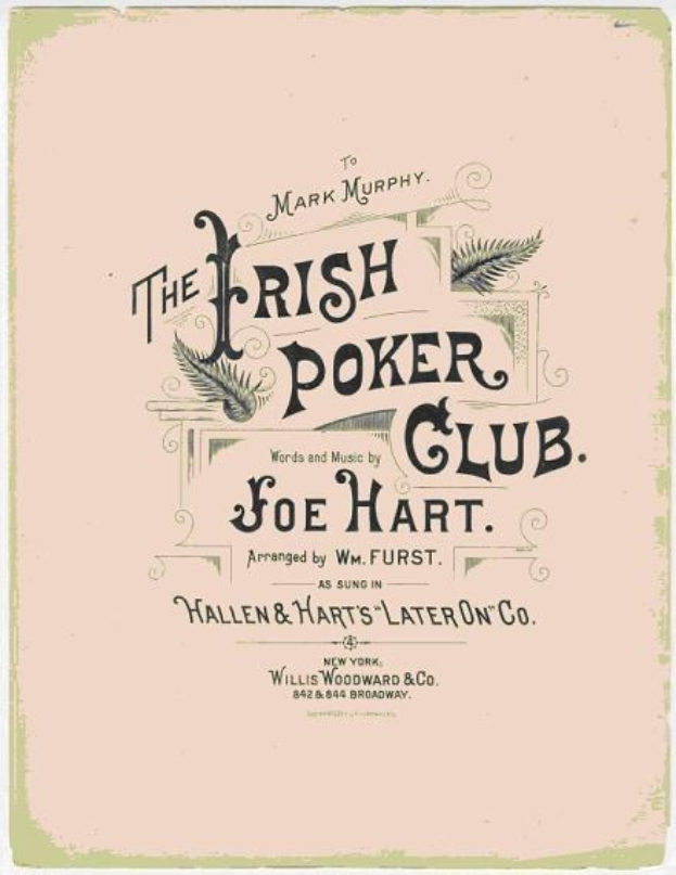 Ein gerahmtes Plakat mit 'The Irish Poker Club' in fetter schwarzer Schrift auf einem weißen Hintergrund, umrandet von einer dünnen schwarzen Linie und mit einer bunten Kleeblatt-Illustration.