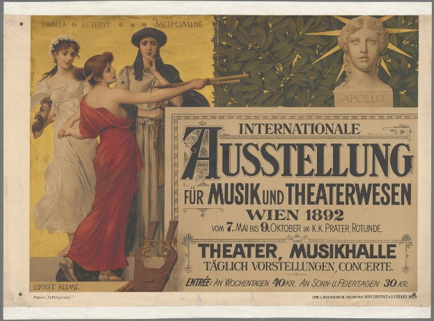 Plakat für die Internationale Ausstellung für Musik und Theaterwesen in Wien, Österreich, das eine Gruppe von Menschen in einem Kreis mit einer Frau, die ein Musikinstrument hält, in der Mitte zeigt und Text, der die Ereignisdaten bereitstellt.