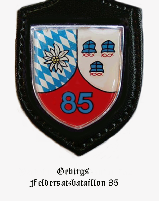 Ein Abzeichen mit der Nummer 85 und deutschem Text unten, das das Logo des bayerischen Fußballteams darstellt.