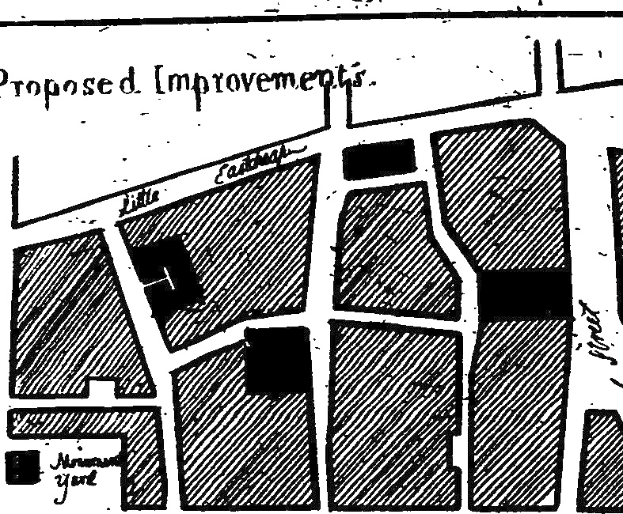 Schwarze und weiße Stadtkarte mit dem Text "Vorgeschlagene Verbesserungen", die Straßen, Gebäude und Sehenswürdigkeiten zeigt.