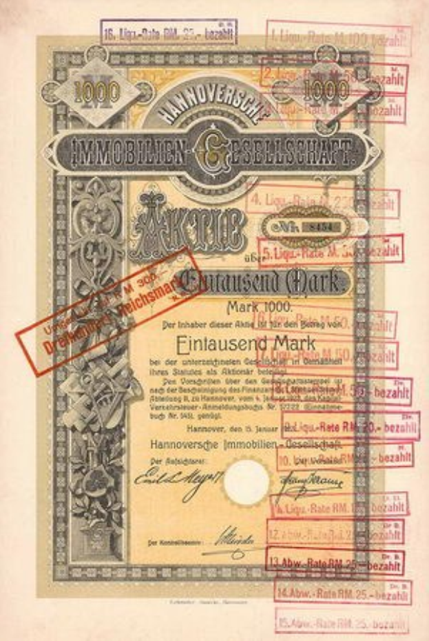 Alter deutscher Regierungsaktienchein mit rotem Stempel, Text und Zahlen auf altem Papier.