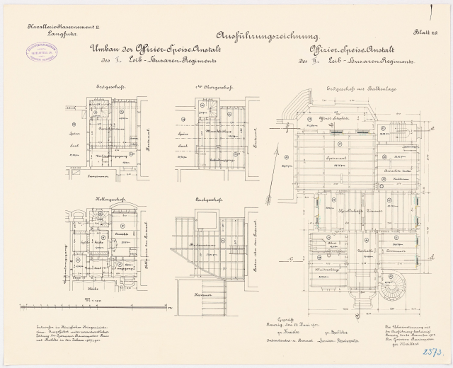 Ein detaillierter architektonischer Grundriss des ehemaligen Bundeskanzleramts in der Bundesrepublik Deutschland, der den Gebäudeaufbau mit Text und Zeichnungen zeigt.