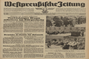 Titelseite der deutschen Zeitung "Weitpreubliche Zeitung" vom 13. November 1939, die eine Gruppe von Menschen in traditioneller deutscher Kleidung in einer feierlichen Umgebung zeigt.