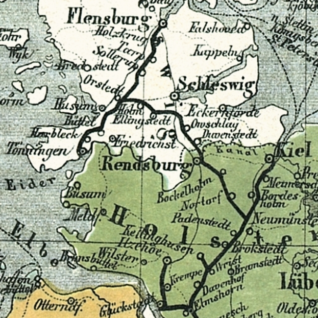 Ein altes Stadtplan von Flensburg, Deutschland, mit Text und Zahlen, die die Lage der Stadt markieren.