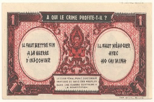 Alte französische Banknote mit ernstem Mann in Anzug, Text "A qui le crime profite-il?" auf weißem Hintergrund mit schwarzem Rand.