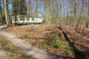 Alter Wohnwagen in einem bewaldeten Gebiet mit Bäumen, Pflanzen, Gras und trockenen Blättern auf dem Boden geparkt, der Himmel ist im Hintergrund sichtbar.