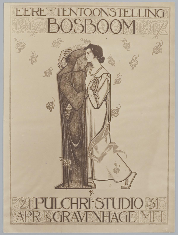 Ein Konzertplakat mit einem Mann im Anzug und einer Frau in einer Schürze, die nebeneinander stehen und ernst schauen, mit Text auf dem Plakat.