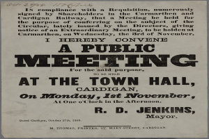 Öffentliche Versammlung Ankündigung für Cardigan Rathaus am Montag, 1. November 1858, auf altem Papier gedruckt.