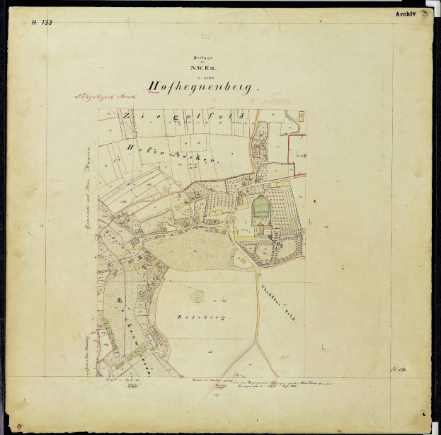 Alte Karte von Hofhegenberg, Deutschland, schwarz umrandet, zeigt Straßen, Gebäude und Sehenswürdigkeiten.