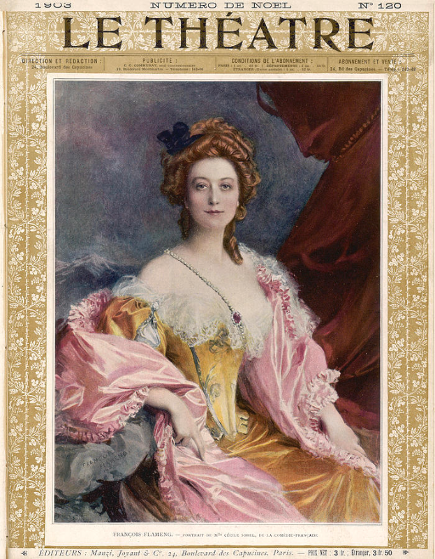 Eine Frau in einem pinken Kleid mit zurückgekämmtem Haar, die direkt in die Kamera schaut, auf dem Cover eines Magazins mit der Aufschrift "Le Theatre".