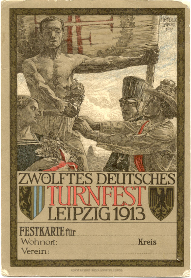 Ein Vintage-Plakat für das Zwölfte Deutsche Turnfest Leipzig 1913, das eine Gruppe von Menschen in der Mitte und Text mit Informationen über das Ereignis zeigt.