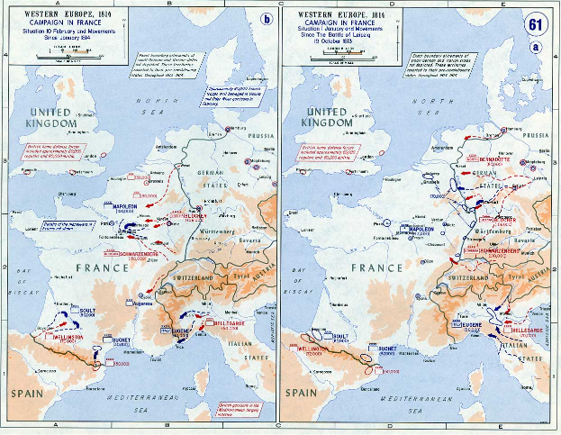 Ein historisches Plakat, das eine Karte von Europa und Frankreich während der Schlacht von Leipzig zeigt, unterteilt in Regionen mit Text und Zahlen, die den Konflikt darlegen.