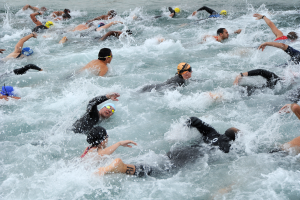 Eine Gruppe von Menschen in Neoprenanzügen und Schwimmkappen schwimmt in tiefblauem Wasser unter strahlendem Sonnenlicht und nimmt an einem Triathlon-Rennen teil.