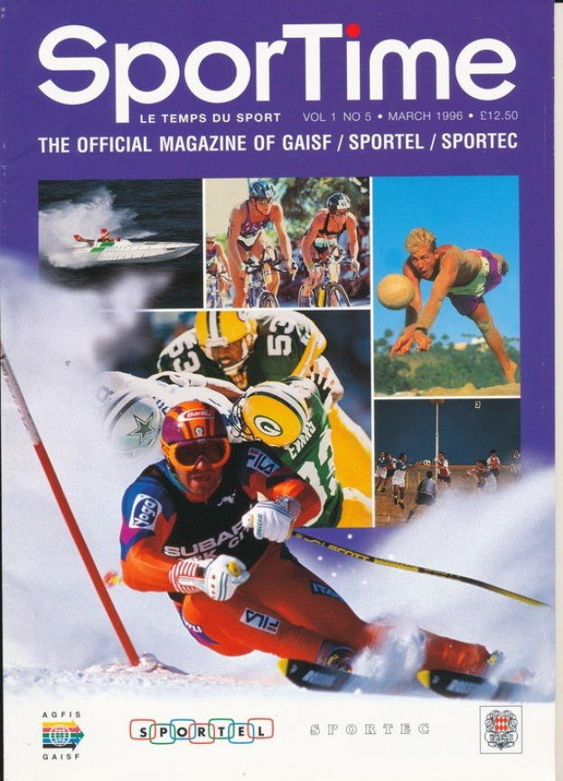 Titelbild von *Sporttime Magazine* aus März 1996, das Bilder von Skifahren und Snowboarden neben Text und Logos zeigt.