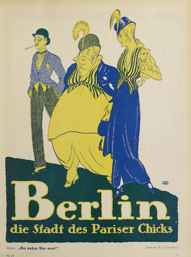 Ein Plakat für ein Konzert in Berlin, Deutschland, das eine Gruppe von Menschen in bunter Kleidung vor einem Gebäude zeigt, mit dem Text "Berlin - Die Stadt des Pariser Chicks" oben.