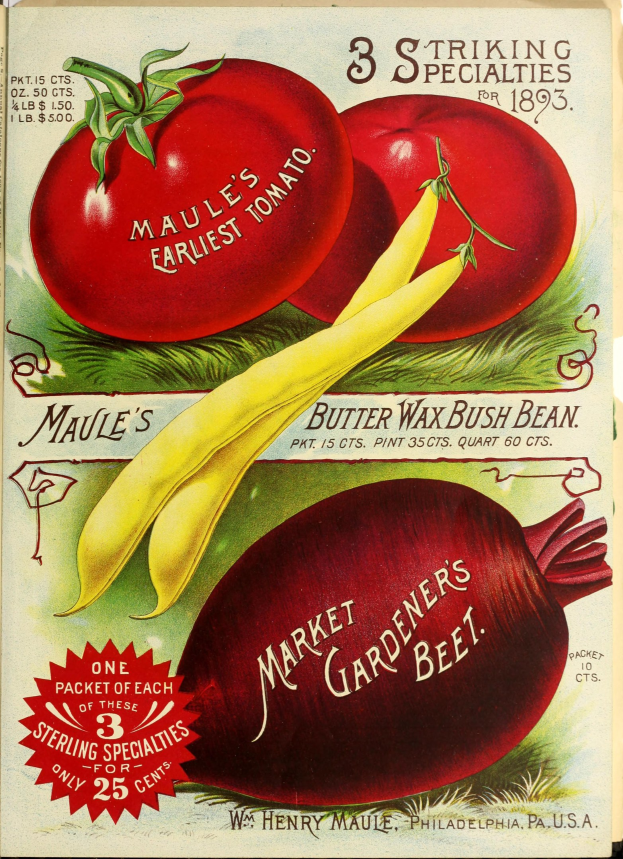 Ein Vintage-Plakat mit leuchtend bunten Gemüsen wie Tomaten und Rüben in einem überlappenden Muster, mit der Aufschrift "Marktgärtner's Beet" in fetter Schrift auf einem gedämpften blauen, grünen und gelben Hintergrund.