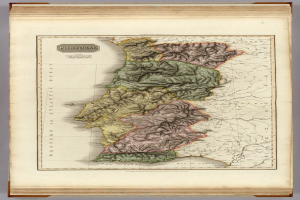 Ein altes Buch mit einer detaillierten Karte von Portugal, auf der die regionalen Grenzen deutlich zu erkennen sind und begleitender Text.