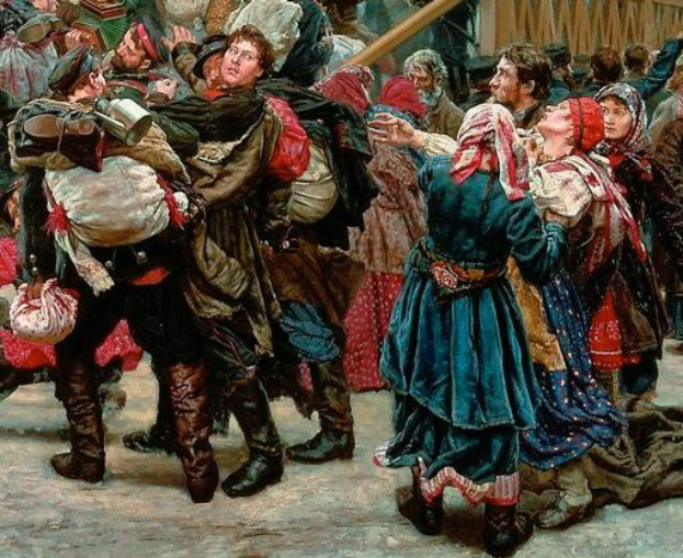 Gemälde, das eine Gruppe von Menschen in traditioneller russischer Kleidung zeigt, die Gegenstände halten und vor einer Menge tanzen, mit einem hölzernen Haus im Hintergrund, das eine lebendige Szene aus der russischen Revolution vermittelt.