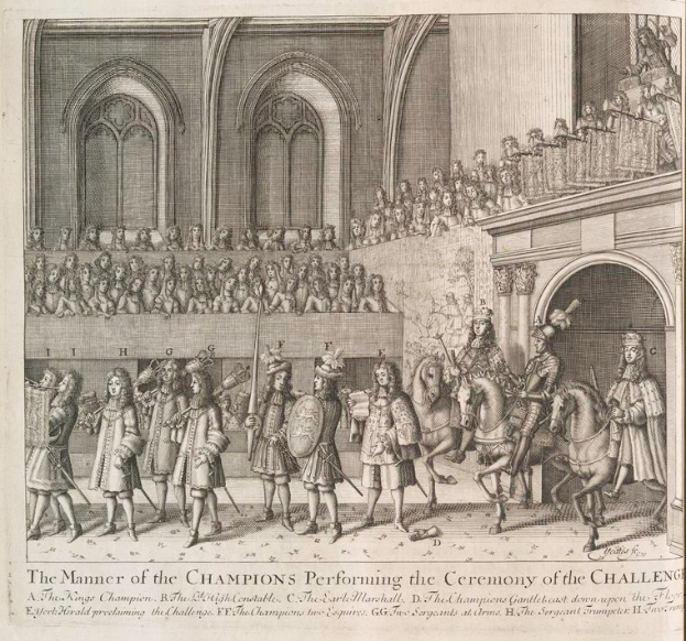 Eine Zeichnung einer Gruppe von Menschen, einige auf Pferden, vor einer Menge mit einem Gebäude im Hintergrund, mit Text unten, der "Die Art und Weise, wie die Champions die Herausforderung durchführen" liest.