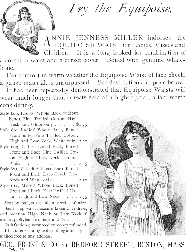 Anzeige für die Equipment Waist von Annie Jenness Miller für Damen, mit einer Frau, die einen Spiegel hält und Text, der das Produkt beschreibt.