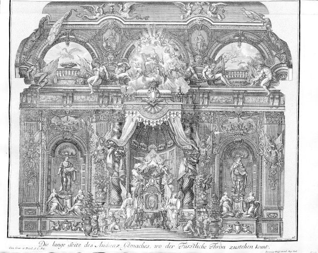 Schwarzes und weißes Zeichnung eines prunkvollen Altars mit detaillierten Schnitzereien und Skulpturen, der ein königliches Design aufweist.