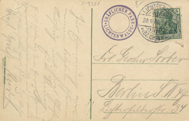Eine alte Postkarte mit einer Briefmarke, die "Lichtenwald, Deutschland - Einschreiben nach Deutschland" lautet, mit handgeschriebenem Text und zwei Briefmarken in der oberen rechten Ecke.