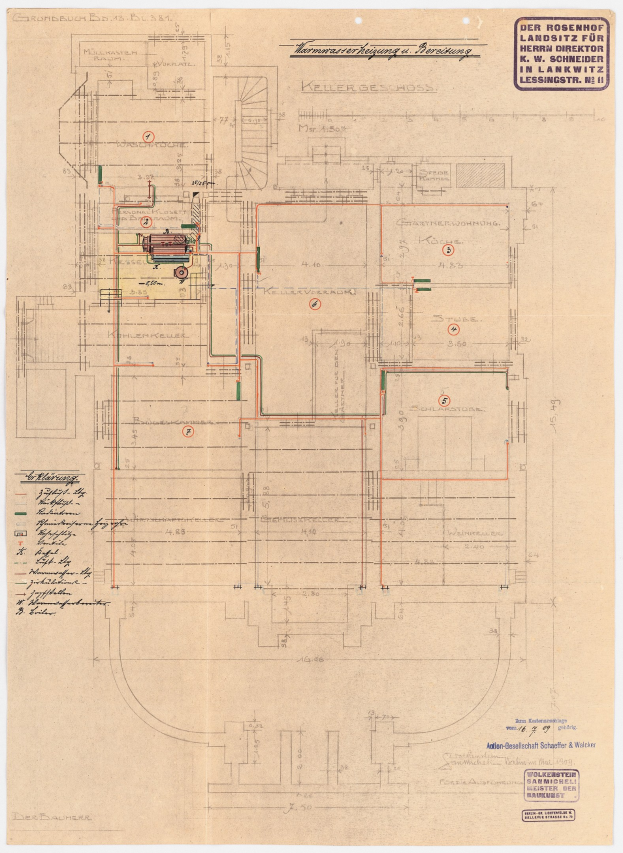 Schwarzes und weißes architektonisches Zeichnung von Rosenhof-Krankenhaus in Hamburg, Deutschland, zeigt detaillierte Pläne mit zahlreichen Drähten, Räumen, Fluren und Textanmerkungen auf altem Papier.