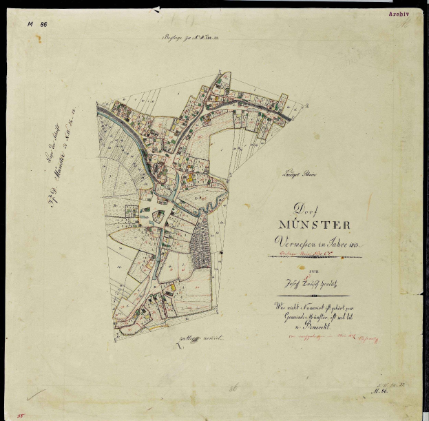 Alte Karte von München, Deutschland, schwarz umrandet und detailliert