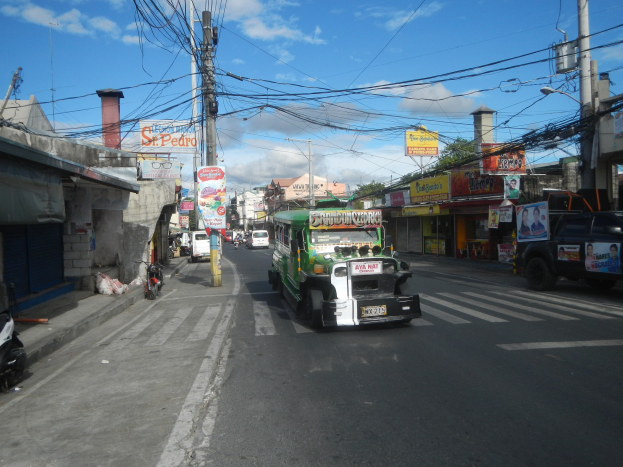 Ein grüner Bus fährt eine von Gebäuden, Strommasten mit Drähten und Texttafeln gesäumte Stadtstraße entlang, unter einem bewölkten Himmel.