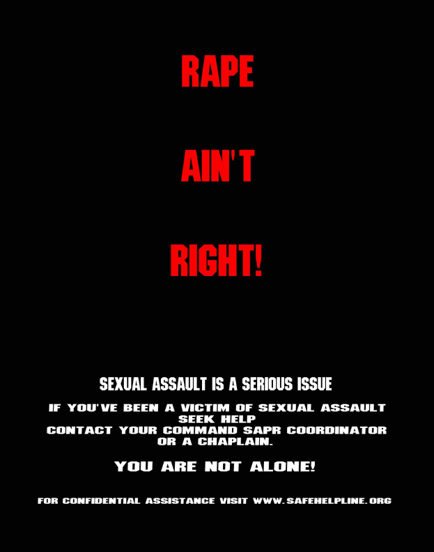 Plakat mit fettem schwarzem Text 'Rape Ain't Right: Sexual Assault is a Serious Issue' auf einem weißen Hintergrund, eingerahmt von einem schwarzen Rand.