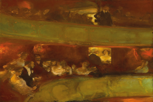 Gemälde einer vielseitigen Gruppe von formell gekleideten Menschen in einem hell erleuchteten Theater, einige stehen und einige sitzen, mit neutralfarbenen Wänden und einer lebendigen Atmosphäre.