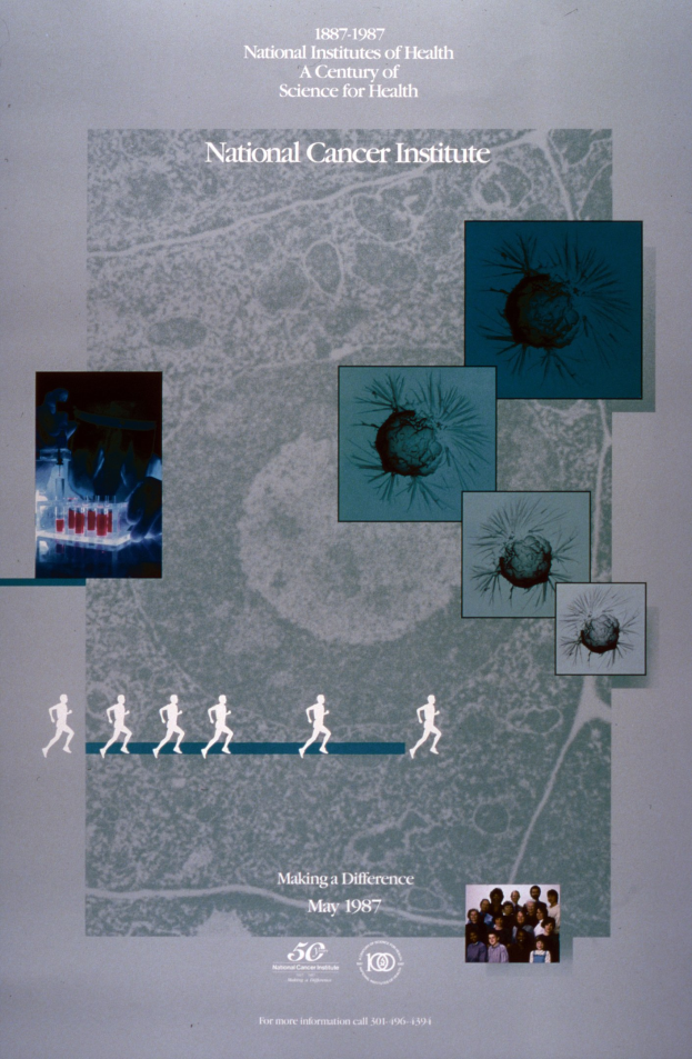 Hellbuntes Plakat mit einem blauen Hintergrund und weißer Schrift, die "National Cancer Institute" in fetten, großen Buchstaben liest, umgeben von überlappenden Kreisbildern von lachenden Menschen verschiedenen Alters, Geschlechts und Ethnien.