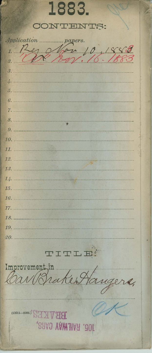 Offenes Buch mit einer Liste von Verbesserungen für Bremser's Eisenbahnwagen von 1883.