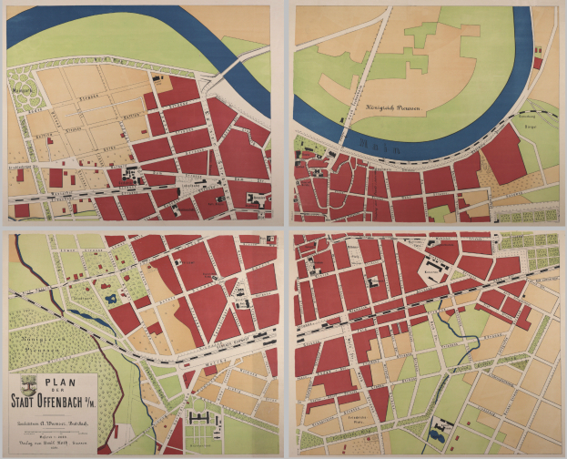 Ein detaillierter Stadtplan von Stadt Offenbach, Deutschland, der Straßen, Gebäude und Sehenswürdigkeiten zeigt, mit begleitendem Text für die Straßennamen und Sehenswürdigkeiten.