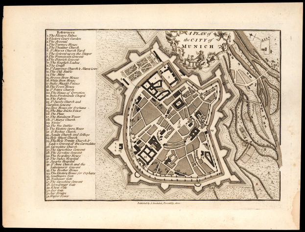 Ein alter Stadtplan von München, Deutschland, auf einem schwarzen Hintergrund, der Straßen, Gebäude und Sehenswürdigkeiten mit zusätzlichen Informationen zeigt.