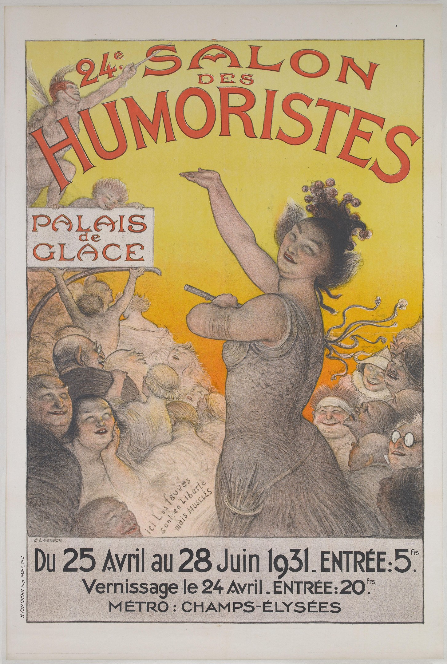 Plakat für den Salon des Humoristes in Paris mit einer Frau inmitten einer Menge, mit Ereignistext.