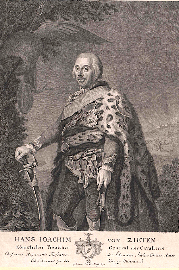 General Hans Iochim von Zieten, gekleidet in einen Mantel und ein Schwert haltend, steht mit Bäumen im Hintergrund; Text ist unten im Bild sichtbar.