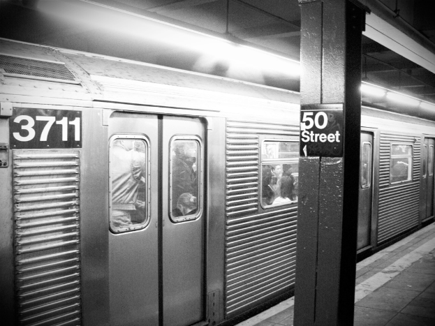 Ein Zug voller Menschen mit einer Säule rechts, auf der eine Tafel angebracht ist, einem Bahnsteig unten und einem Dach oben.