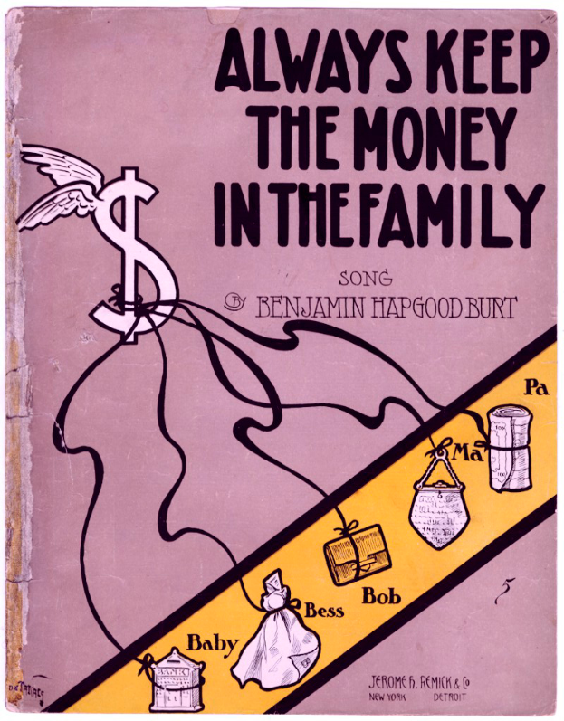 Ein Plakat mit der Aufschrift "Immer das Geld in der Familie behalten" in fetten schwarzen Buchstaben auf einem weißen Hintergrund, mit einer bunten Illustration einer strahlenden Familie von vier Personen, die in einem Kreis unter einem hellblauen Himmel mit weißen Wolken stehen.