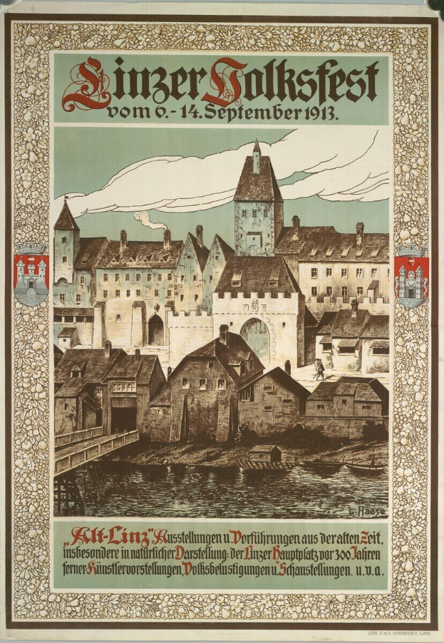 Alter deutscher Volksfestplakat mit Burg- und Häuserillustration, begleitet von Text.