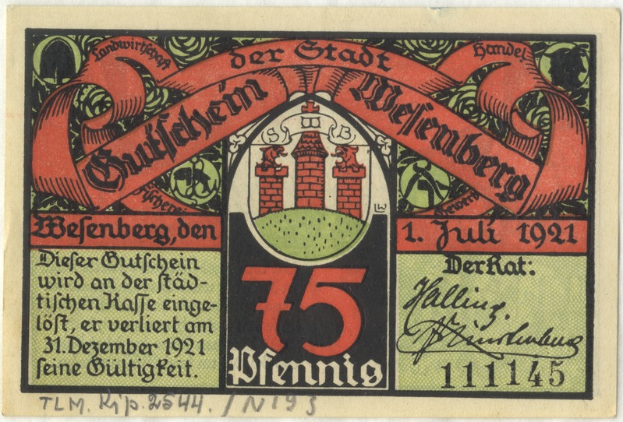 Eine alte deutsche Banknote mit einem Gebäude darauf, mit dem Text "Bundesliga" und einem Logo unten, vor einem weißen Hintergrund.