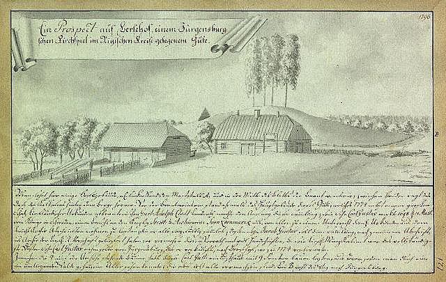 Schwarz-weiß-Illustration eines Bauernhofs in Surgensburg, Deutschland, mit umliegenden Häusern, Bäumen und Himmel, auf altem Papier beschriftet.