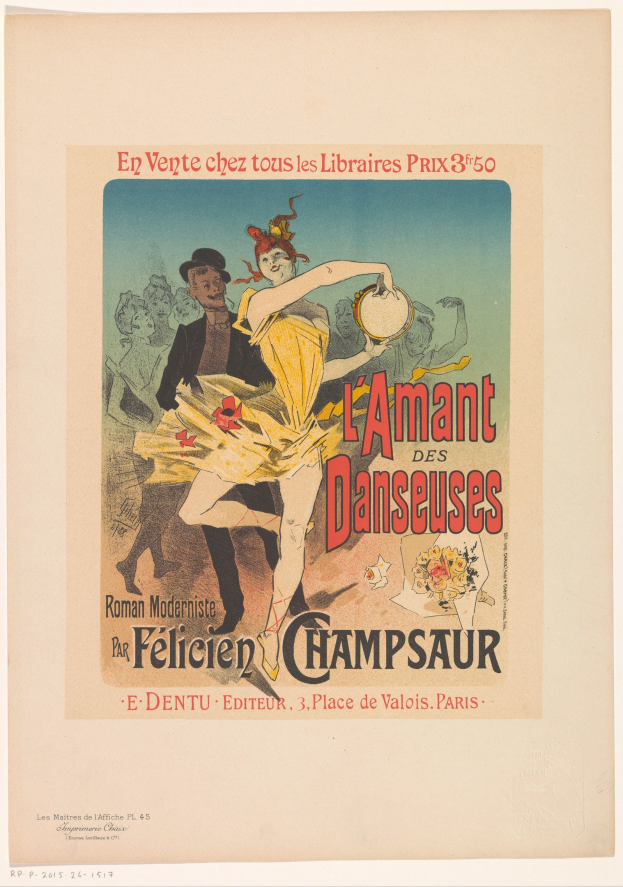 Plakat für eine Tanzshow in Paris mit einem Mann, der ein Musikinstrument spielt, während er mit einer Frau tanzt, mit Textwerbung für die Veranstaltung.