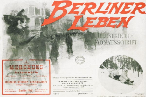 Werbung für ein Mercedes-Benz-Fahrzeug, das in Berlin, Deutschland, gezeigt wird und Menschen, Bäume, Gebäude, Text und einen Stempel enthält.