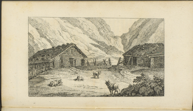 Ein aufgeschlagenes Buch mit einer Farm-Szene, die Tiere, Häuser, einen Zaun, Hügel und Pflanzen zeigt.